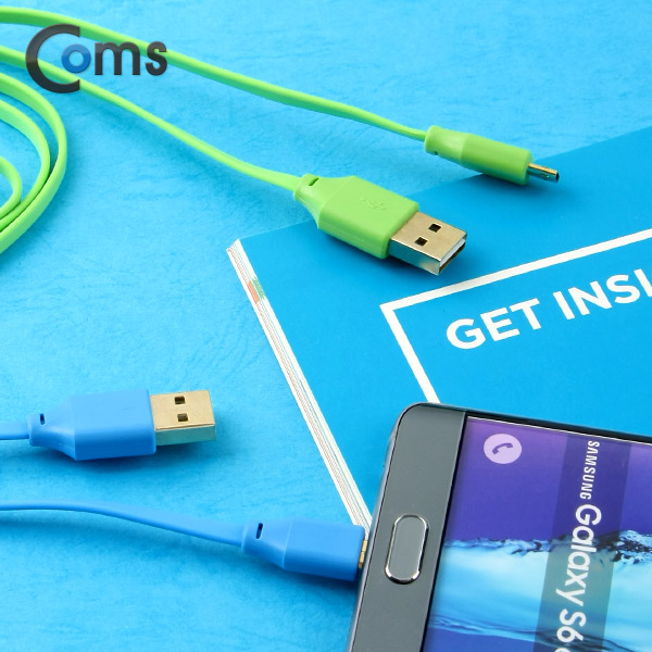 Coms USB/Micro USB 케이블, Gold Metal (양면), Flat, Blue