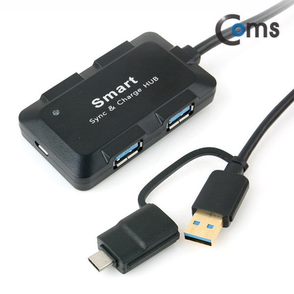 Coms USB 허브 3.0, (4P/무전원) 검정, C타입 젠더/보조 전원 포트, USB 3.0(F) to C(M)