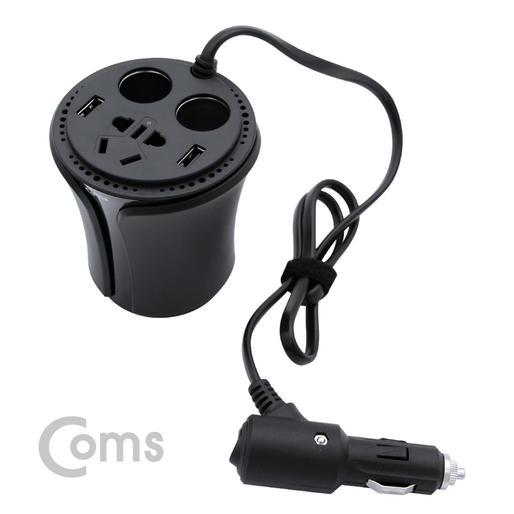 Coms 차량용 멀티 시가잭+인버터(120W), USB 2P - 컵홀더형, 검정/ 시거잭
