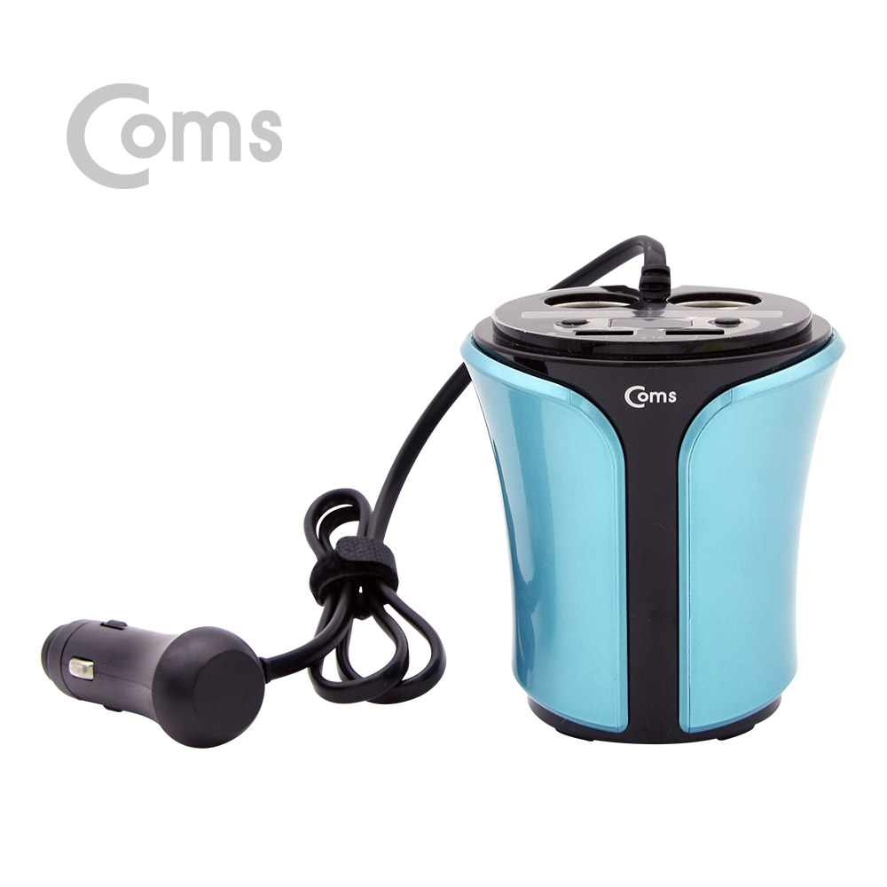 Coms 차량용 멀티 시가잭+USB 2P/DC 전압체크 기능 - 컵홀더형, 회색+청색 / 시거잭