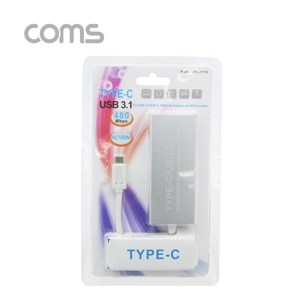 Coms USB 3.1 컨버터(Type C) / 허브 / USB 2.0 2포트, 랜 10/100Mbps