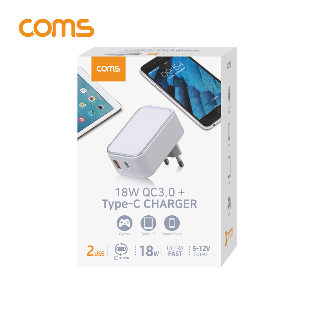 Coms 18W PD + 퀵차지 3.0 고속충전기 2Port (18W / QC 3.0 / USB PD / USB 3.1 Type C)