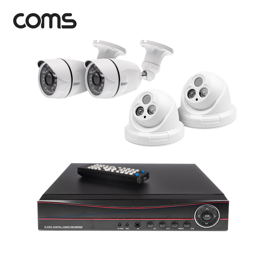 Coms 4채널 DVR CCTV IP 카메라 녹화기 풀패키지 / 실내형x2, 실외형x2