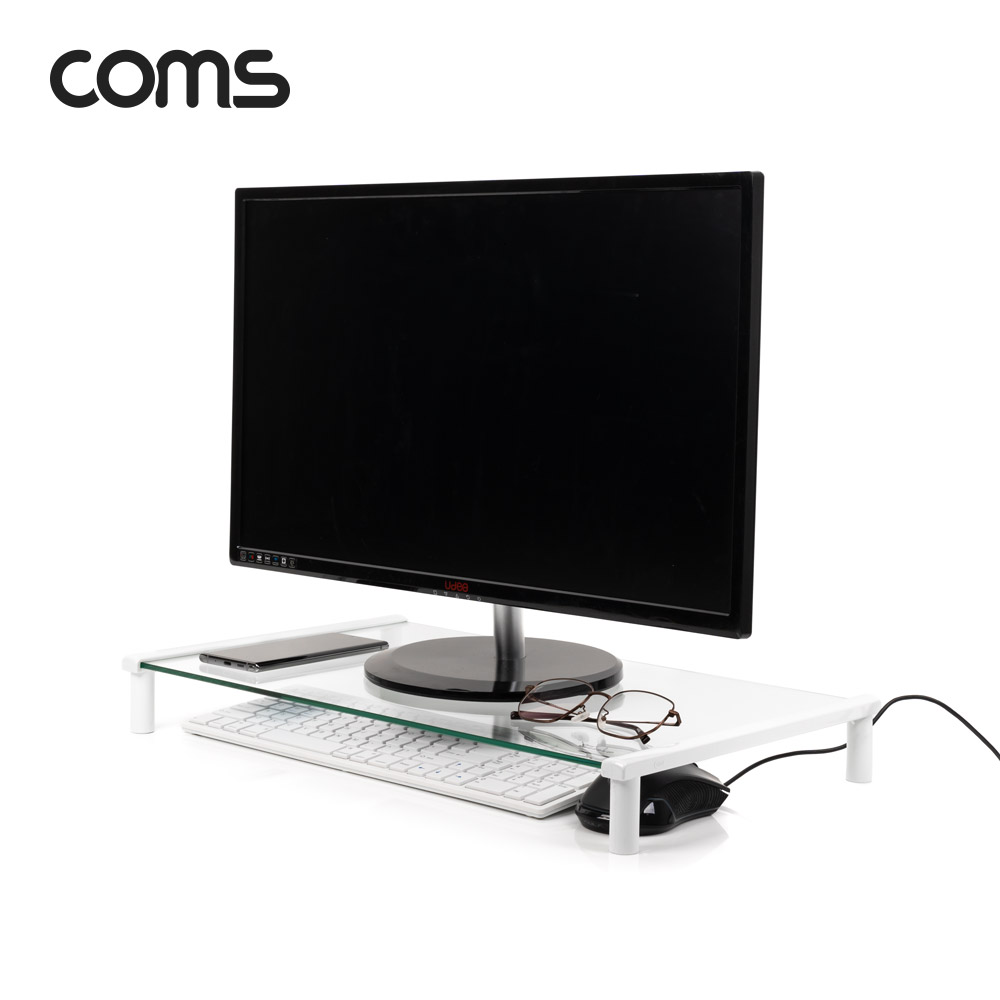 Coms 모니터 받침대/스탠드, 화이트프레임 투명유리 일반형 1단 (520mm x 309mm)