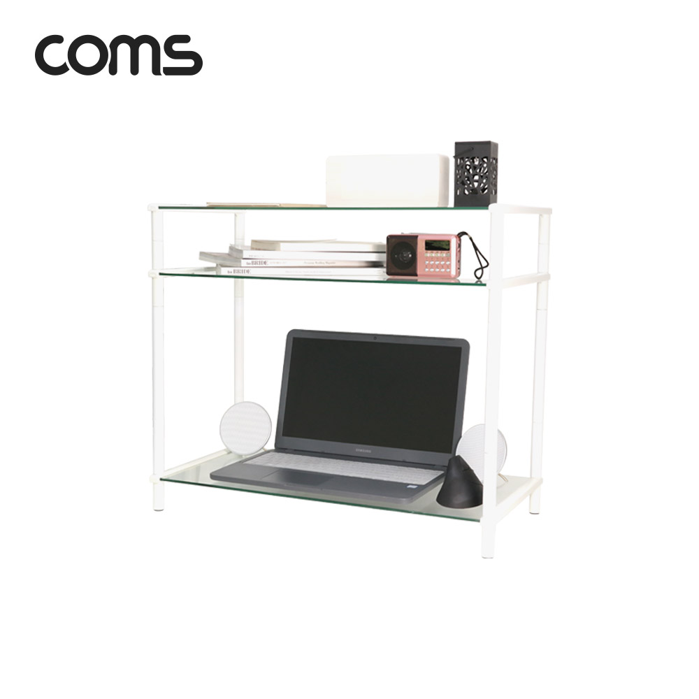 Coms 프린터,모니터,TV 높이조절 받침대/스탠드, 화이트프레임 투명유리 일반형 3단 (620mm x 309mm)
