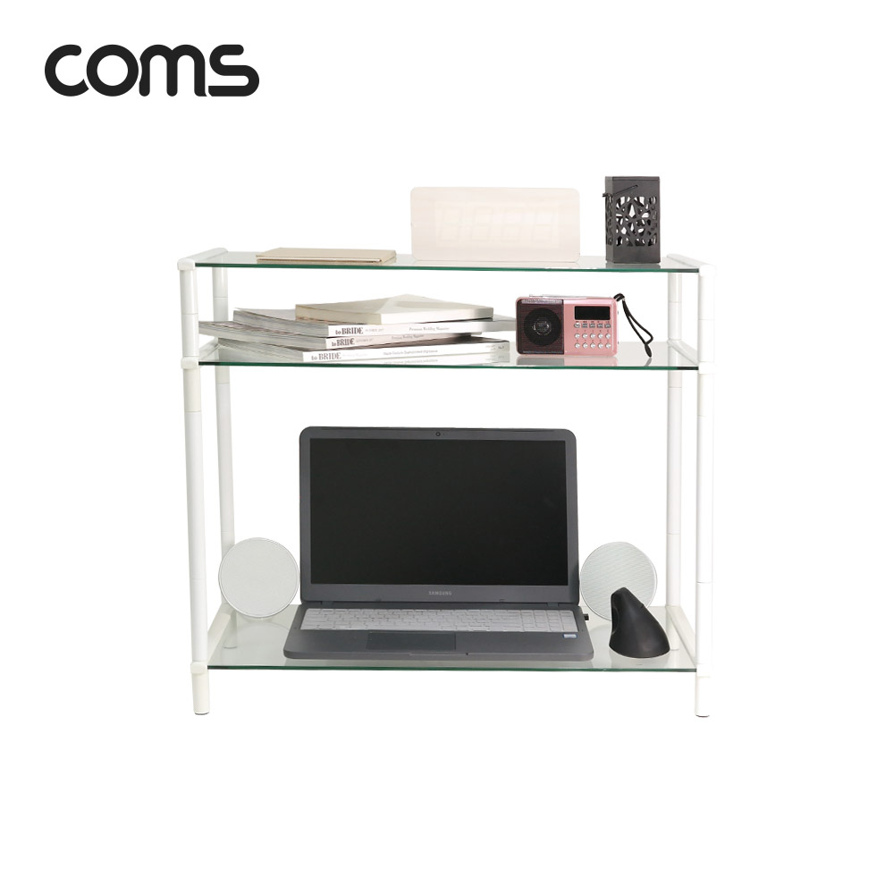 Coms 프린터,모니터,TV 높이조절 받침대/스탠드, 화이트프레임 투명유리 일반형 3단 (620mm x 309mm)