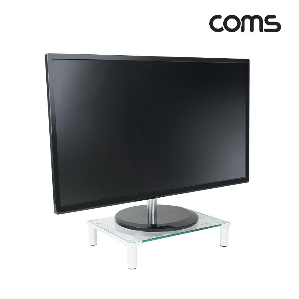Coms 모니터 받침대,스탠드, 화이트프레임 투명유리 볼트형 1단 (290mm x 210mm)