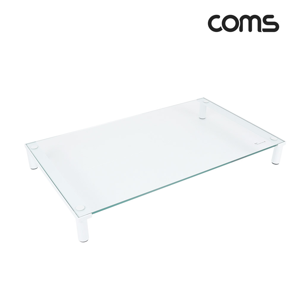 Coms 모니터 받침대,스탠드, 화이트프레임 투명유리 볼트형 1단 (520mm x 309mm)