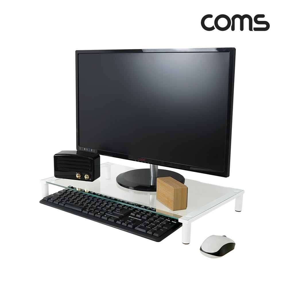 Coms 모니터 받침대,스탠드, 화이트프레임 투명유리 볼트형 1단 (520mm x 309mm)