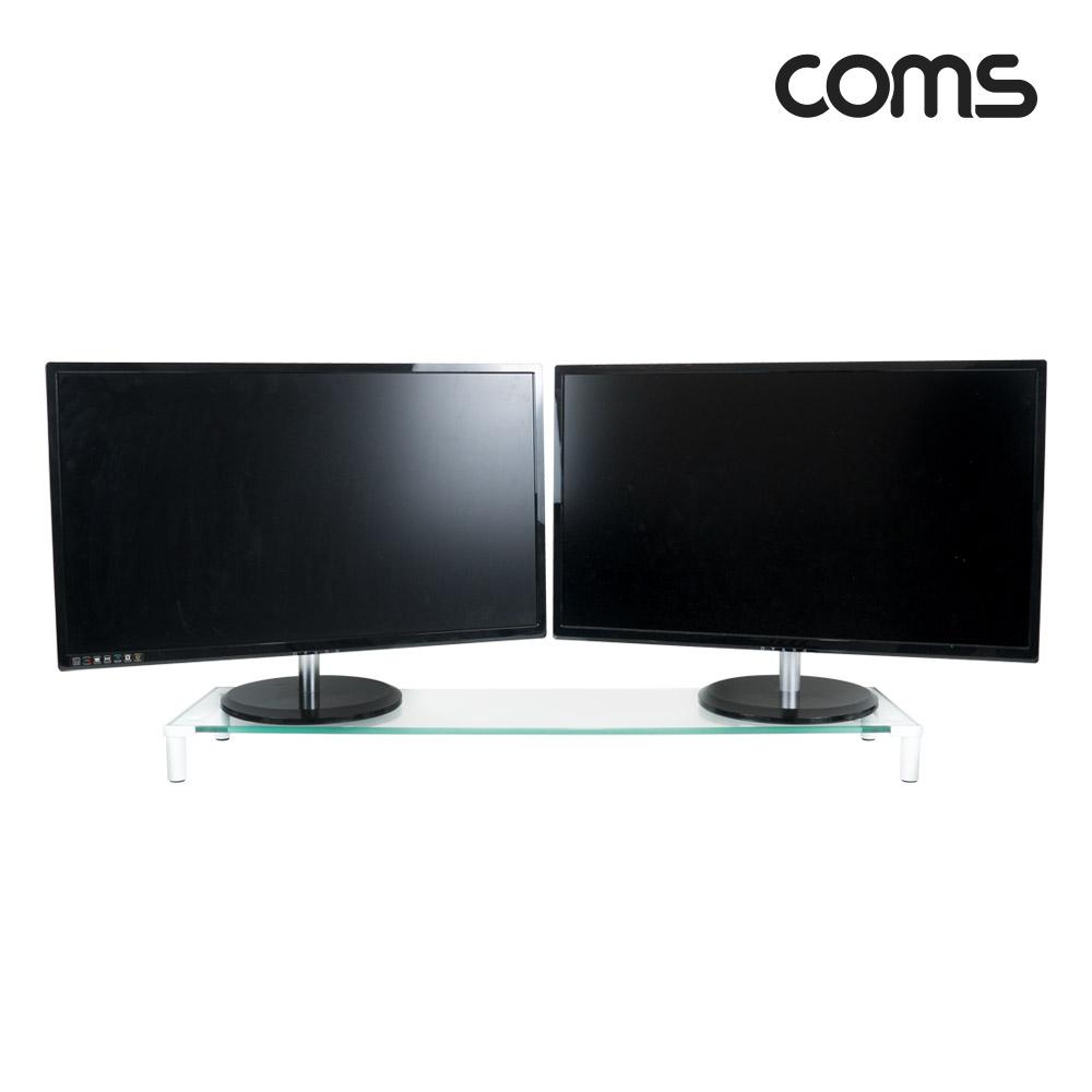 Coms 듀얼 모니터 받침대/스탠드,   화이트프레임 투명유리 유리볼트형 1단 (825mm x 215mm)