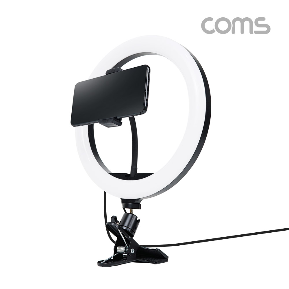 Coms LED 링 라이트 20cm, 집게형 거치대, 스탠드, 카메라 사진, 동영상 개인방송 스튜디오 보조장비 원형 램프(랜턴), 밝기 조절 가능
