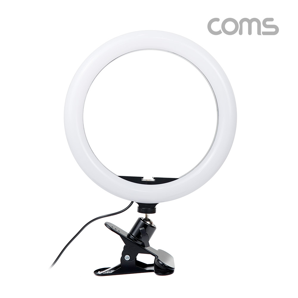 Coms LED 링 라이트 20cm, 집게형 거치대, 스탠드, 카메라 사진, 동영상 개인방송 스튜디오 보조장비 원형 램프(랜턴), 밝기 조절 가능