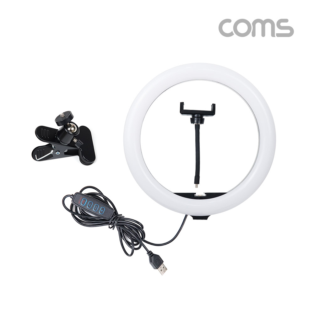 Coms LED 링 라이트 20cm, 집게형 거치대, 스탠드, 카메라 사진, 동영상 개인방송 스튜디오 보조장비 원형 램프(랜턴), 밝기 조절 가능