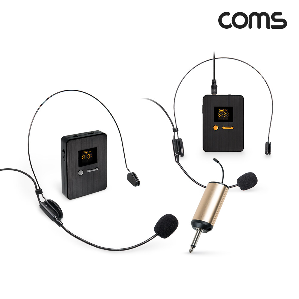 Coms 2채널 UHF 무선 마이크(채널A, 채널B 헤드셋마이크)+핀마이크+리시버(수신기)+C타입젠더 세트