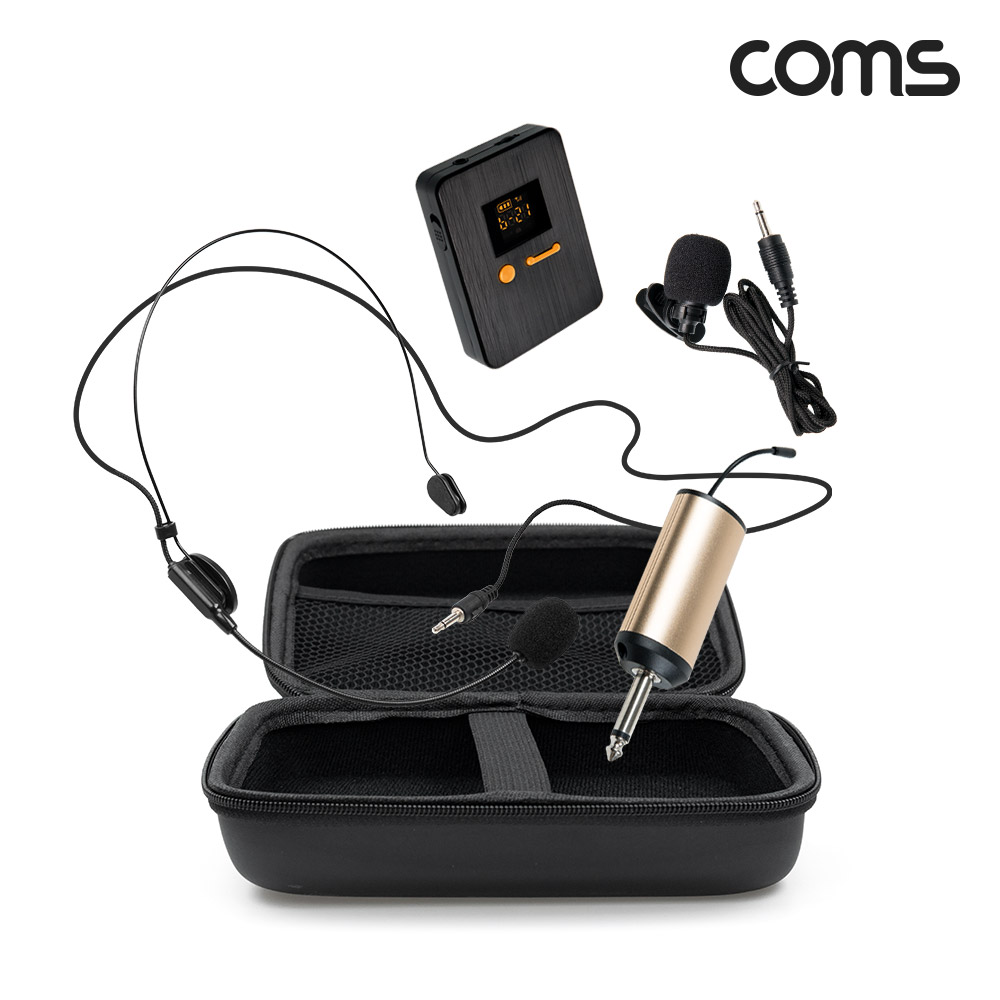 Coms 2채널 UHF 무선 마이크(채널A, 채널B 헤드셋마이크)+핀마이크+리시버(수신기)+C타입젠더 세트