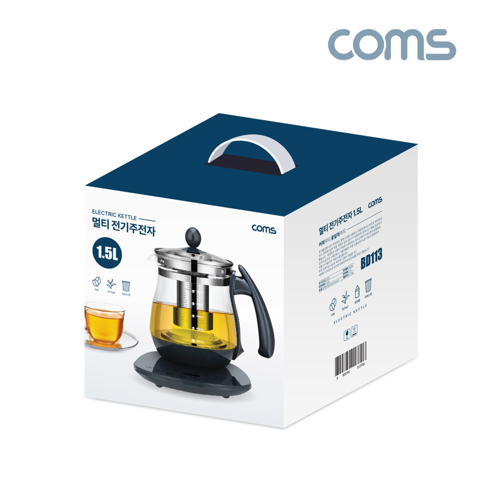 Coms 1.5L 대용량 멀티 전기 주전자, 차 한약 우려내기, 라면 국 죽 조리, 햇반 데우기, 커피 차 분유 물끓이기, 분유 온도유지, 국민 분유포트, 1인가구 필수품, 친환경 내열유리