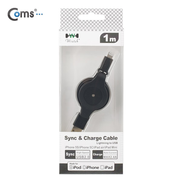 Coms MFi 공식인증 아이폰 5 케이블(자동감김/충전/데이터), 1M, Black