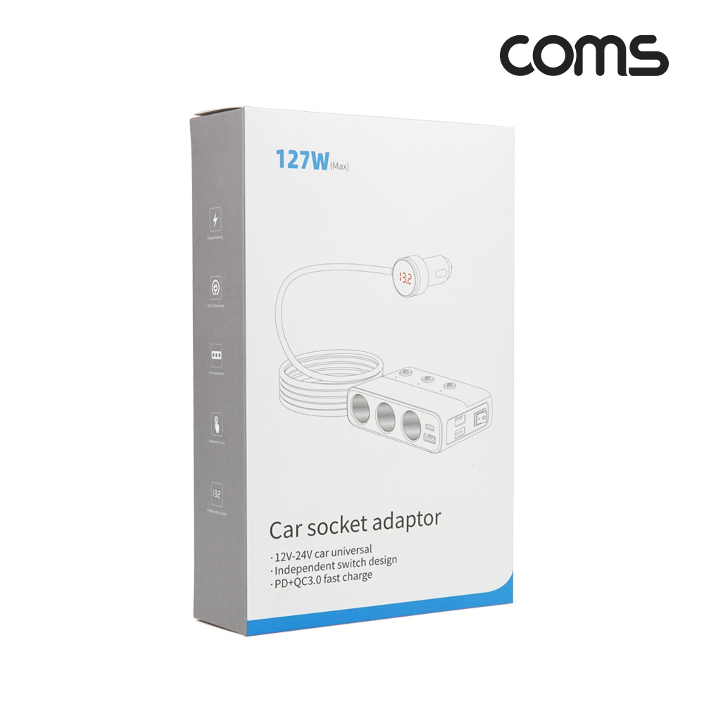 Coms 차량용 시가 소켓 3구 USB-C USB-A PD QC3.0 고속충전 127W