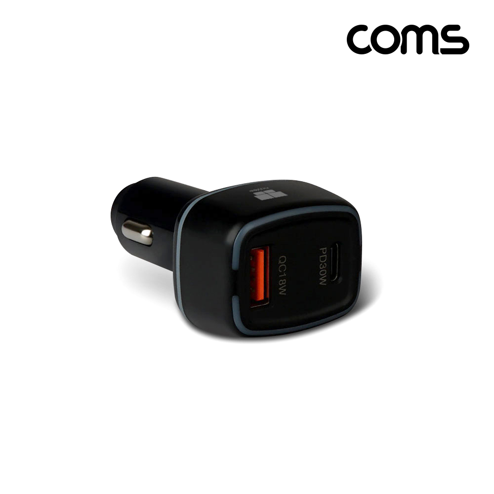 Coms 나비 차량용 시가 충전기(NV41-CC48W) Black 고속, 2포트, 30W(USB C) 18W(USB A) 시거잭형