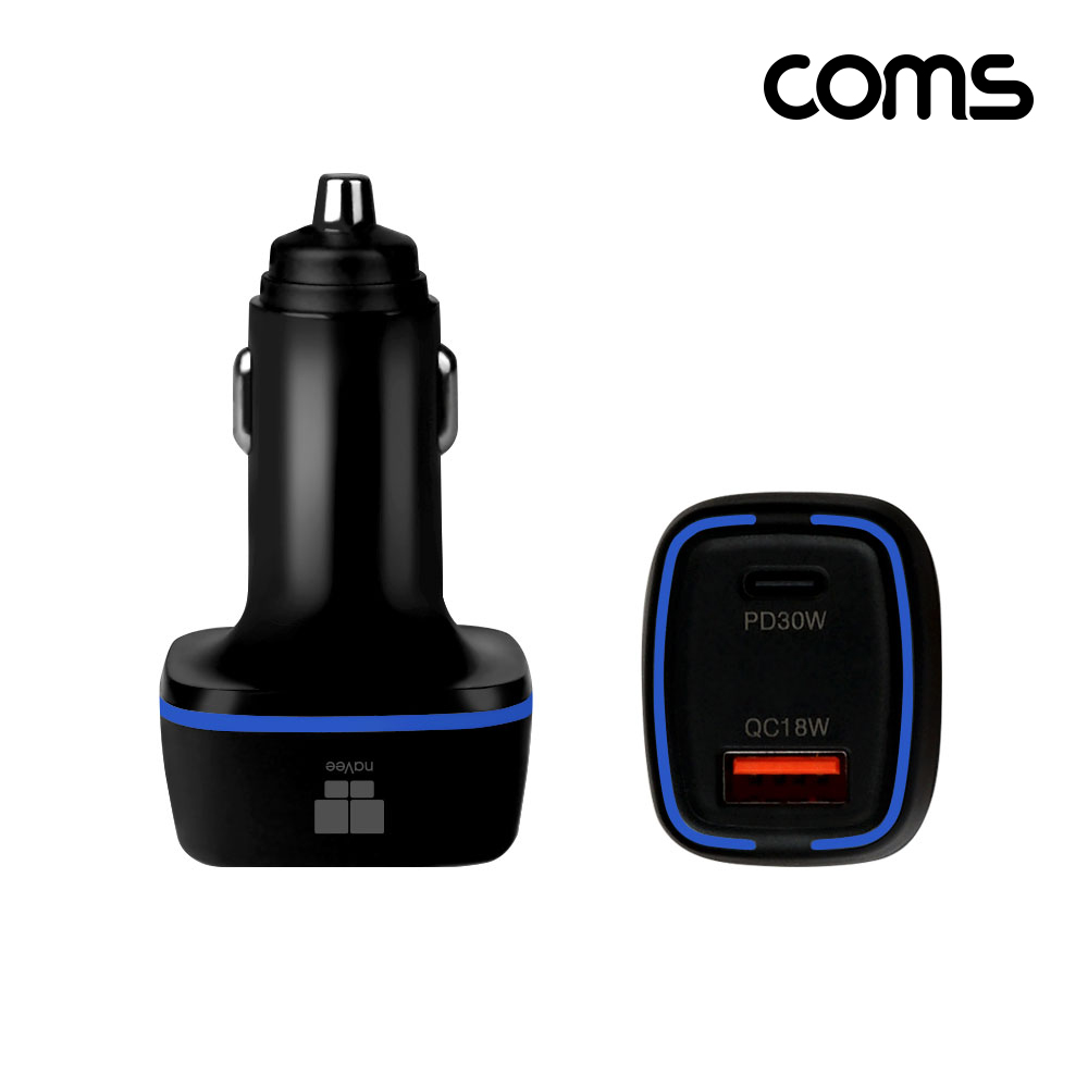 Coms 나비 차량용 시가 충전기(NV41-CC48W) Black 고속, 2포트, 30W(USB C) 18W(USB A) 시거잭형