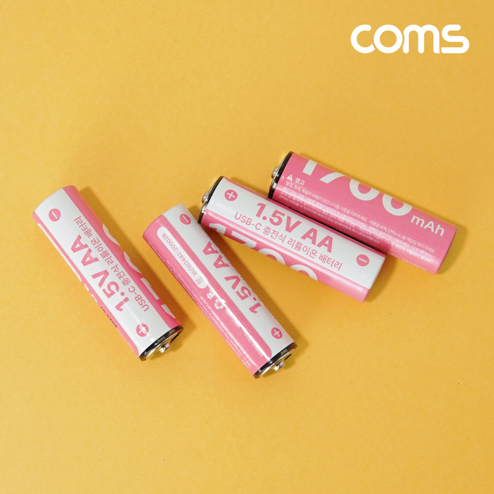 Coms USB Type C 충전지 동시충전 4in1 케이블 충전식 건전지 리튬이온 배터리 C타입 1.5V 1700mAh Li-ion AA 4개입