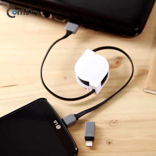 Coms 스마트폰 2in1 멀티자동감김케이블(Micro USB(B) )Black