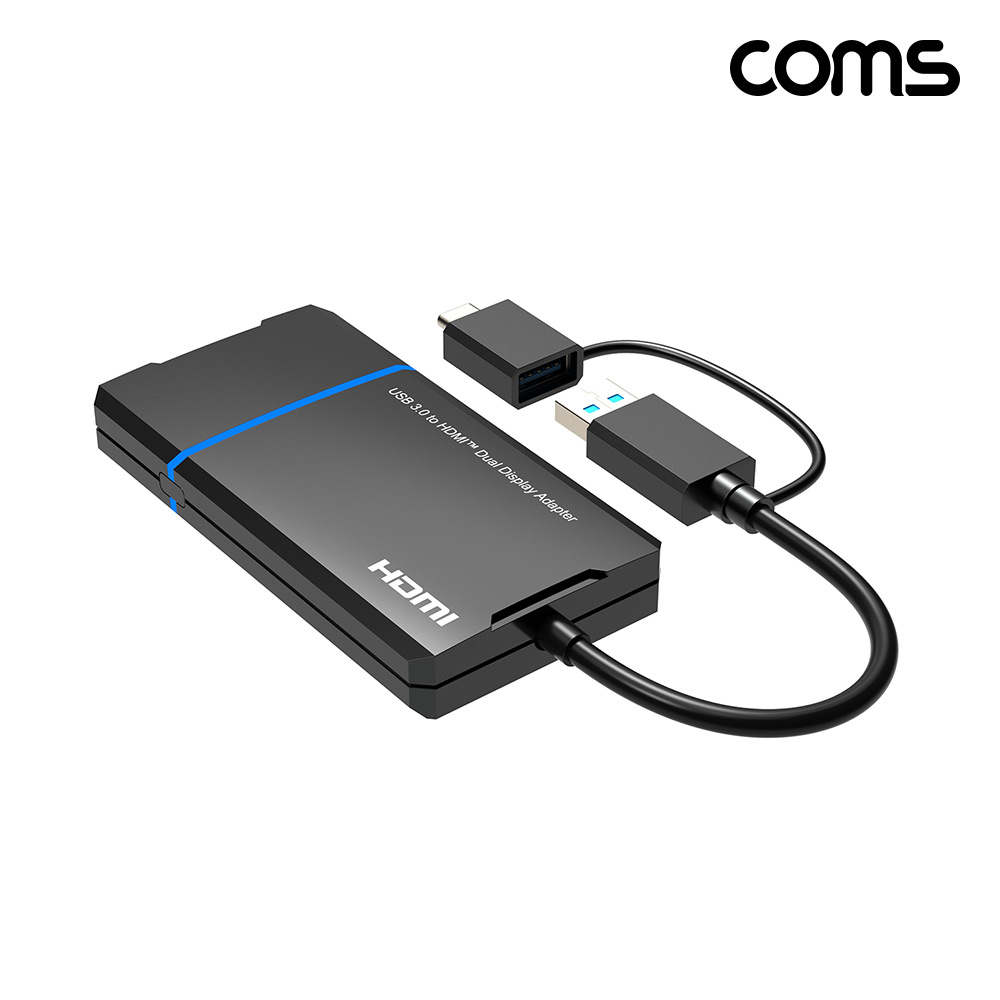 Coms USB A+C타입 to 듀얼 HDMI 어댑터 확장 미러링 화면 복제 2:1 4K@30Hz1080P@60Hz FHD UHD USB 3.0