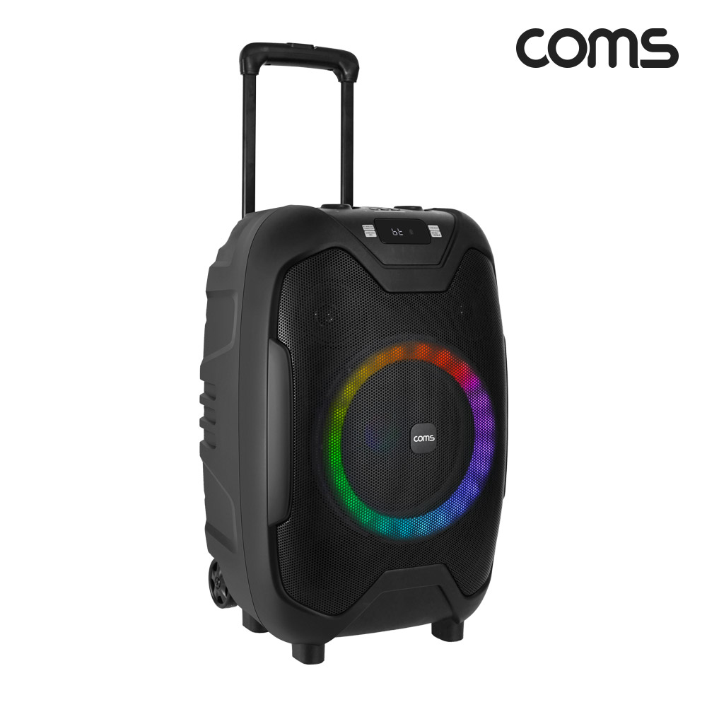 Coms UHF 이동식 블루투스 무선마이크 앰프 LED 파티박스 50W TWS지원 노래방 UHF 마이크 2개 포함