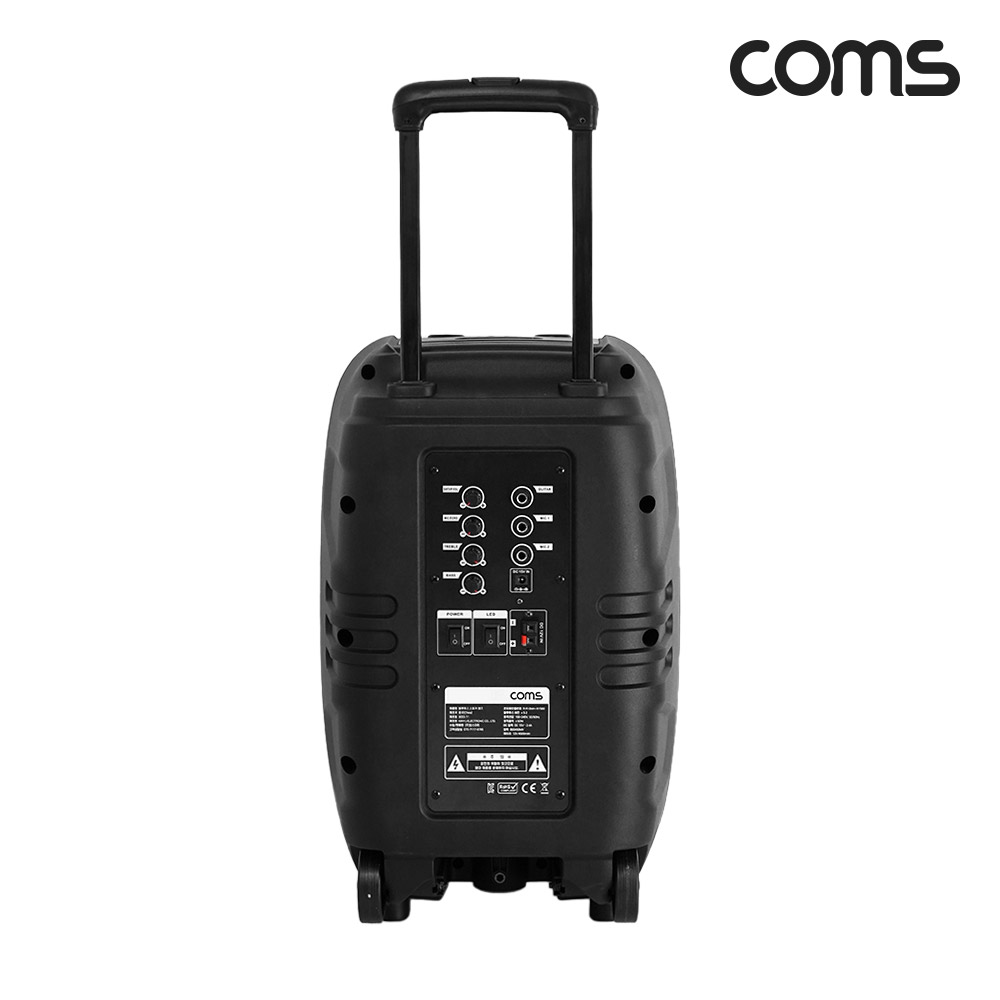 Coms UHF 이동식 블루투스 무선마이크 앰프 LED 파티박스 50W TWS지원 노래방 UHF 마이크 2개 포함