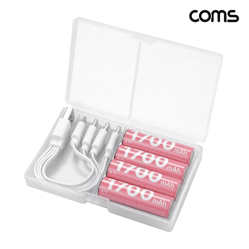 Coms C타입 충전지 동시충전 4in1 케이블 충전식 건전지 배터리 1.5V 1700mAh AA 4개입
