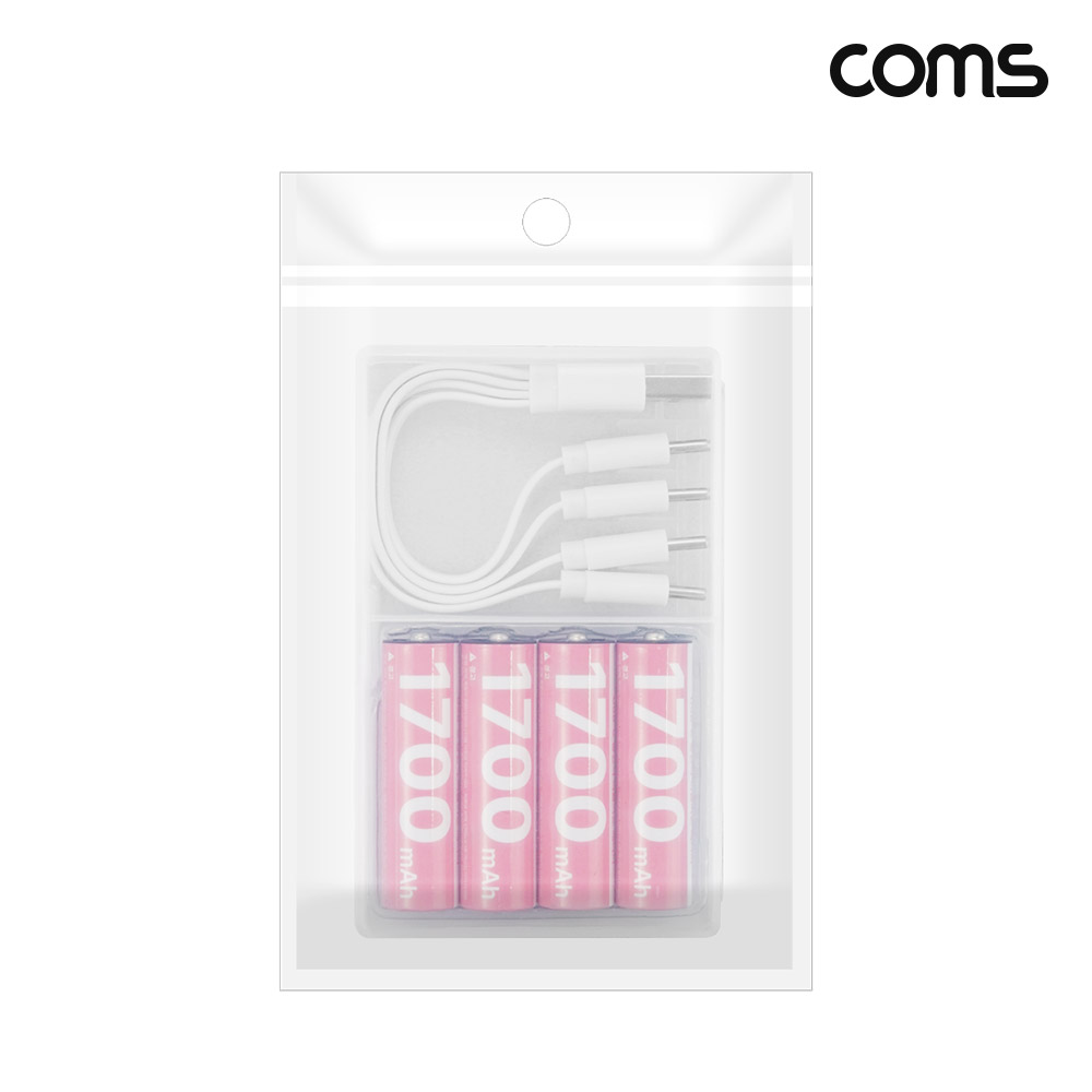 Coms C타입 충전지 동시충전 4in1 케이블 충전식 건전지 배터리 1.5V 1700mAh AA 4개입