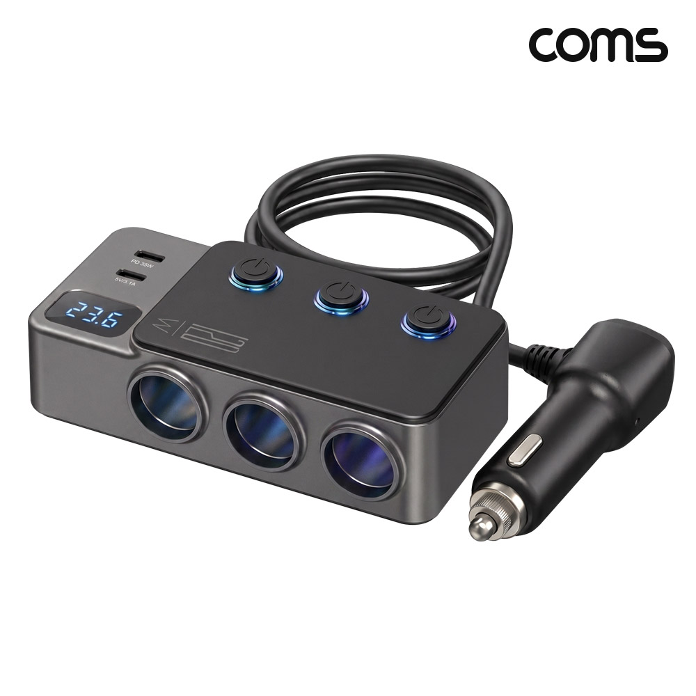 Coms 8in1 120W 차량용 시가 소켓 C타입 USB 5포트 고속충전기 QC PD 시가잭 3구