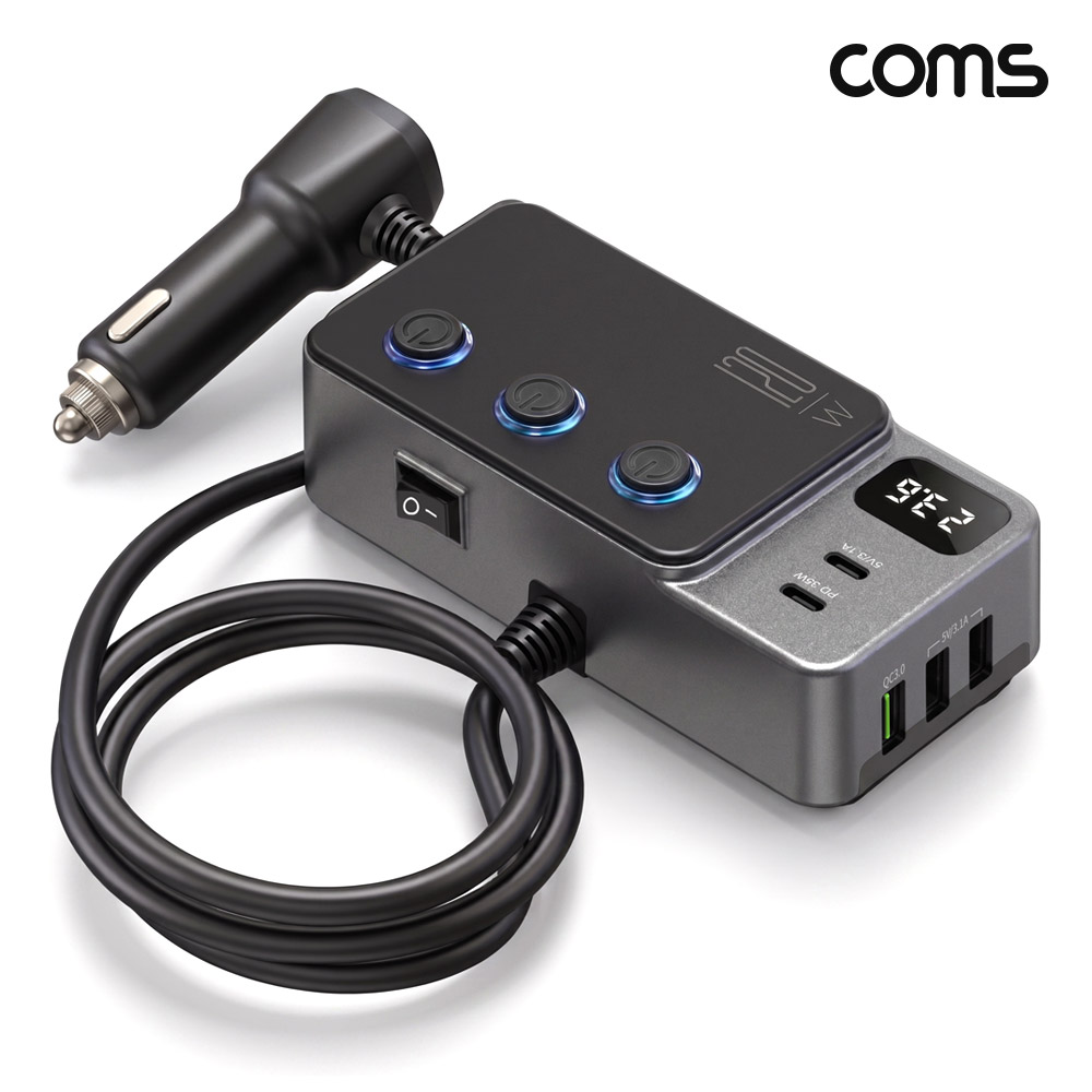Coms 8in1 120W 차량용 시가 소켓 C타입 USB 5포트 고속충전기 QC PD 시가잭 3구