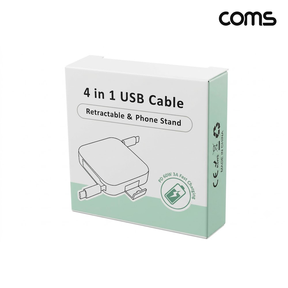 Coms 4 in 1 스마트폰 C타입 멀티 케이블 Type C, iOS 8P, USB A 자동감김 릴타입 PD 60W 고속충전 데이터 전송