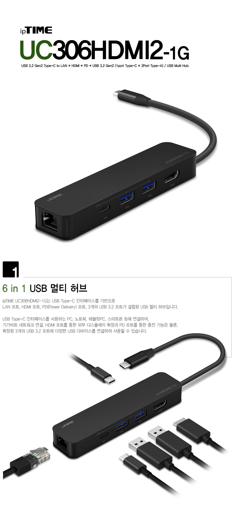 ipTIME USB Type C 멀티 허브 UC306HDMI2-1G