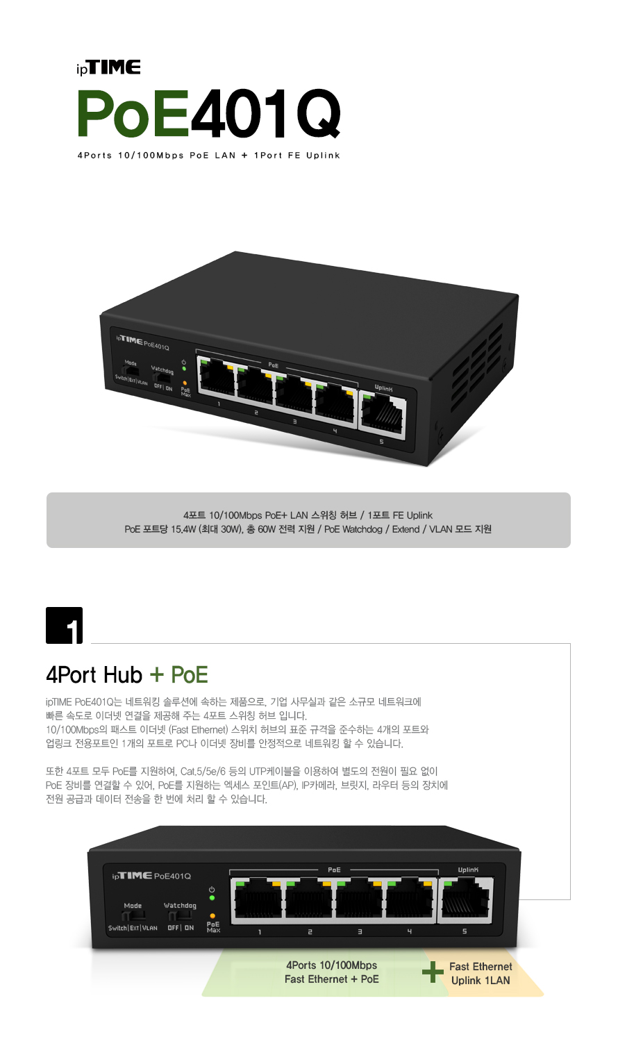 ipTIME POE401Q 4포트 PoE 스위칭 허브