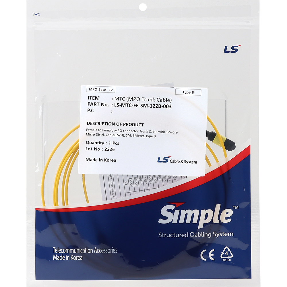 LS전선 SM 12C MPO 광점퍼코드 3m LS-MTC-FF-SM-12ZB-003