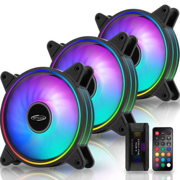 강원전자 넷메이트 Moonlight ARGB 120mm 쿨링팬(블랙/3PACK + 팬허브 + 리모컨) [EZDIY-FAB] NM-DPI1176