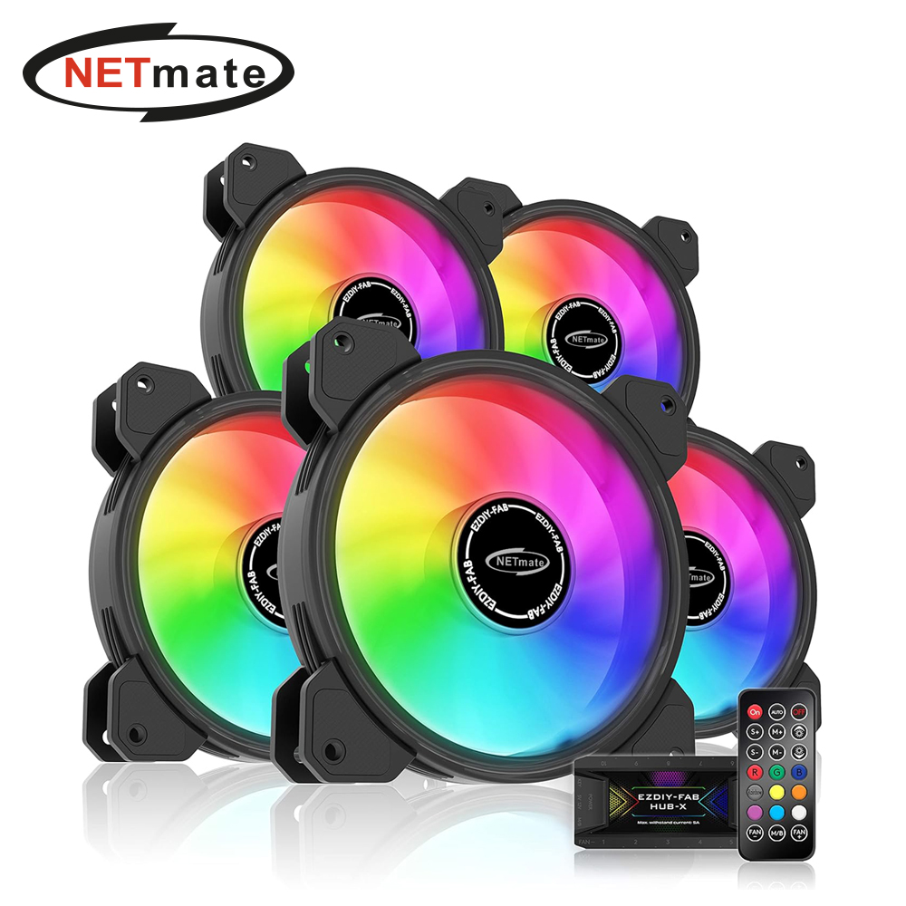 강원전자 넷메이트 Inner Ring ARGB 120mm 쿨링팬(블랙/5PACK + 팬허브 + 리모컨) [EZDIY-FAB] NM-DPR04416