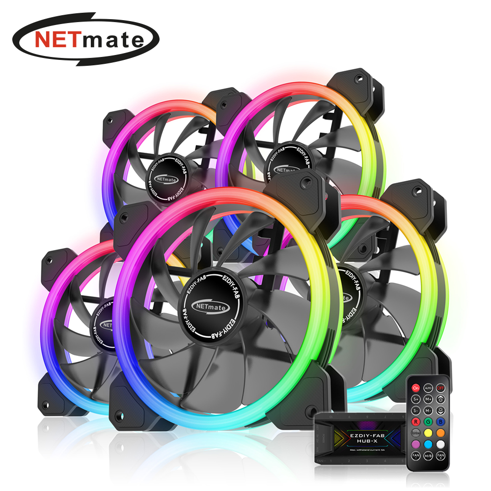 강원전자 넷메이트 Dual Ring ARGB 120mm 쿨링팬(블랙/5PACK + 팬허브 + 리모컨) [EZDIY-FAB] NM-DPR04412