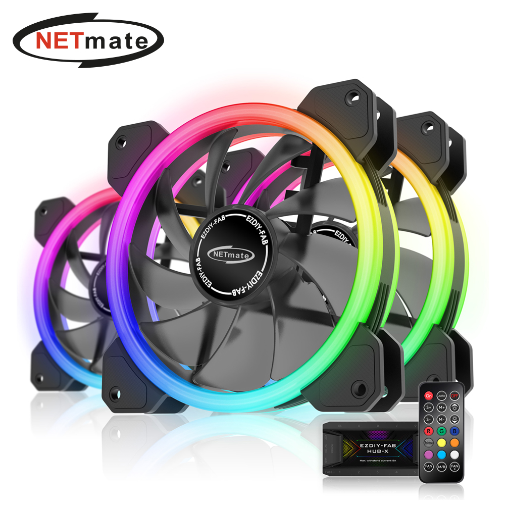 강원전자 넷메이트 Dual Ring ARGB 120mm 쿨링팬(블랙/3PACK + 팬허브 + 리모컨) [EZDIY-FAB] NM-DPR04411