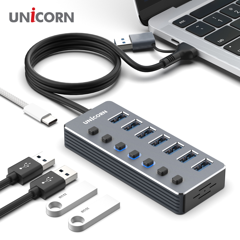 유니콘 USB3.2 Gen1 7포트 USB허브 개별전원스위치 케이블길이1.2M NH-700SW