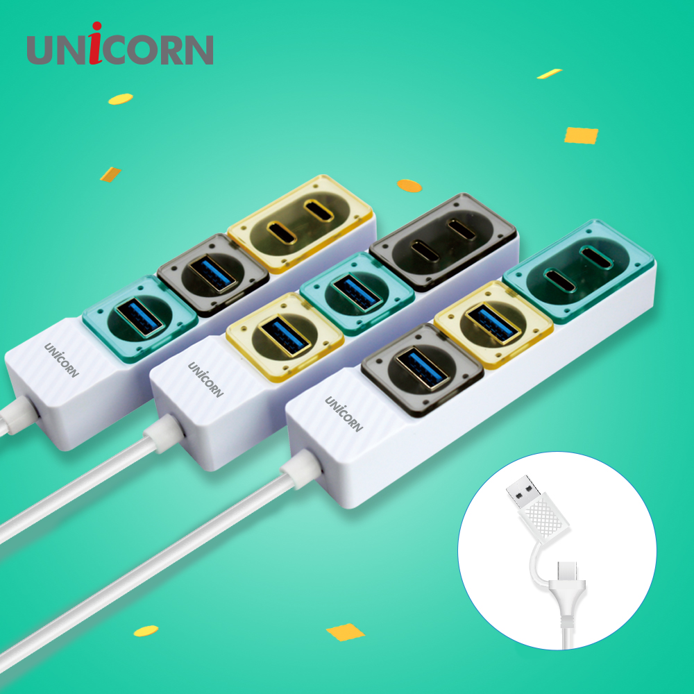 유니콘 USB3.2 Gen1 4포트 USB멀티허브(A+C타입 각 2포트) 듀얼컨텍터 RHC-200D 옐로우
