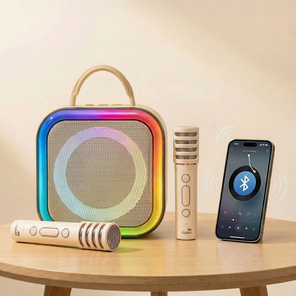 액센 K210 LED 무드라이팅 올인원 휴대용 블루투스 듀엣 노래방 더블 마이크 스피커
