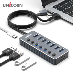 유니콘 USB3.2 Gen1 7포트 USB허브 개별전원스위치 케이블길이1.2M NH-700SW